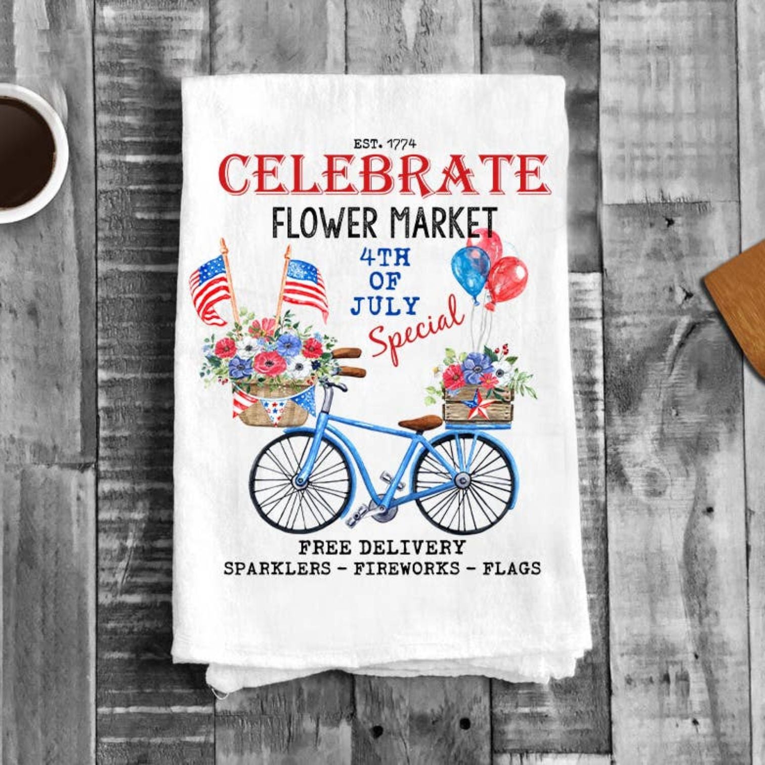 4th of July Flower Market Bicycle Flour Sack Tea Towel
