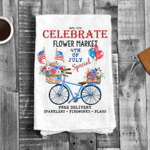4th of July Flower Market Bicycle Flour Sack Tea Towel