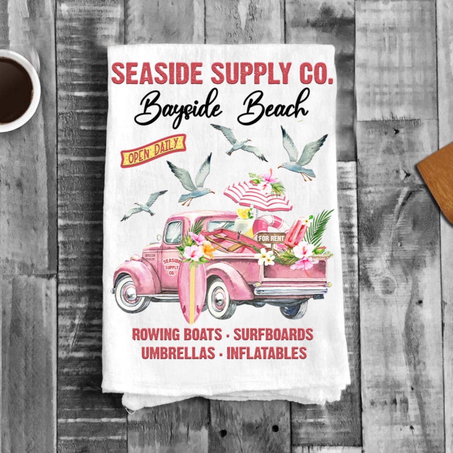 Seaside Supply Co Pink Pick Up Beach Kitchen Cotton Tea Towel