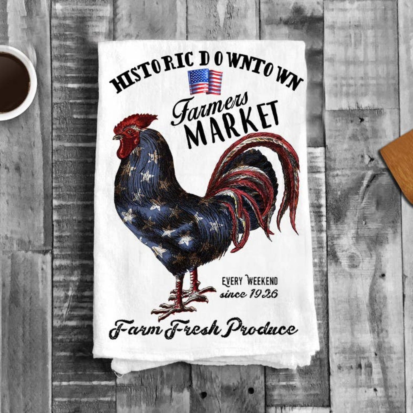 Farmers Market Patriotic Rooster Flour Sack Tea Towel