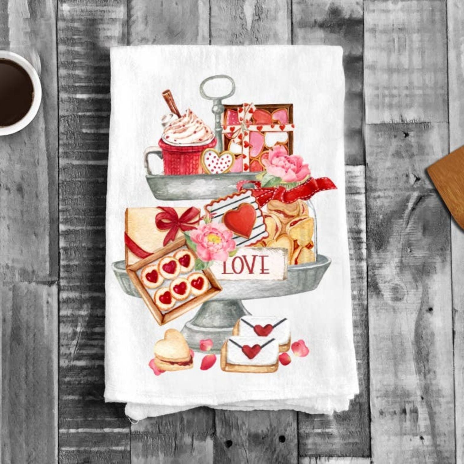 Valentine Cookies 2 Tier Tray Flour Sack Cotton Tea Towels