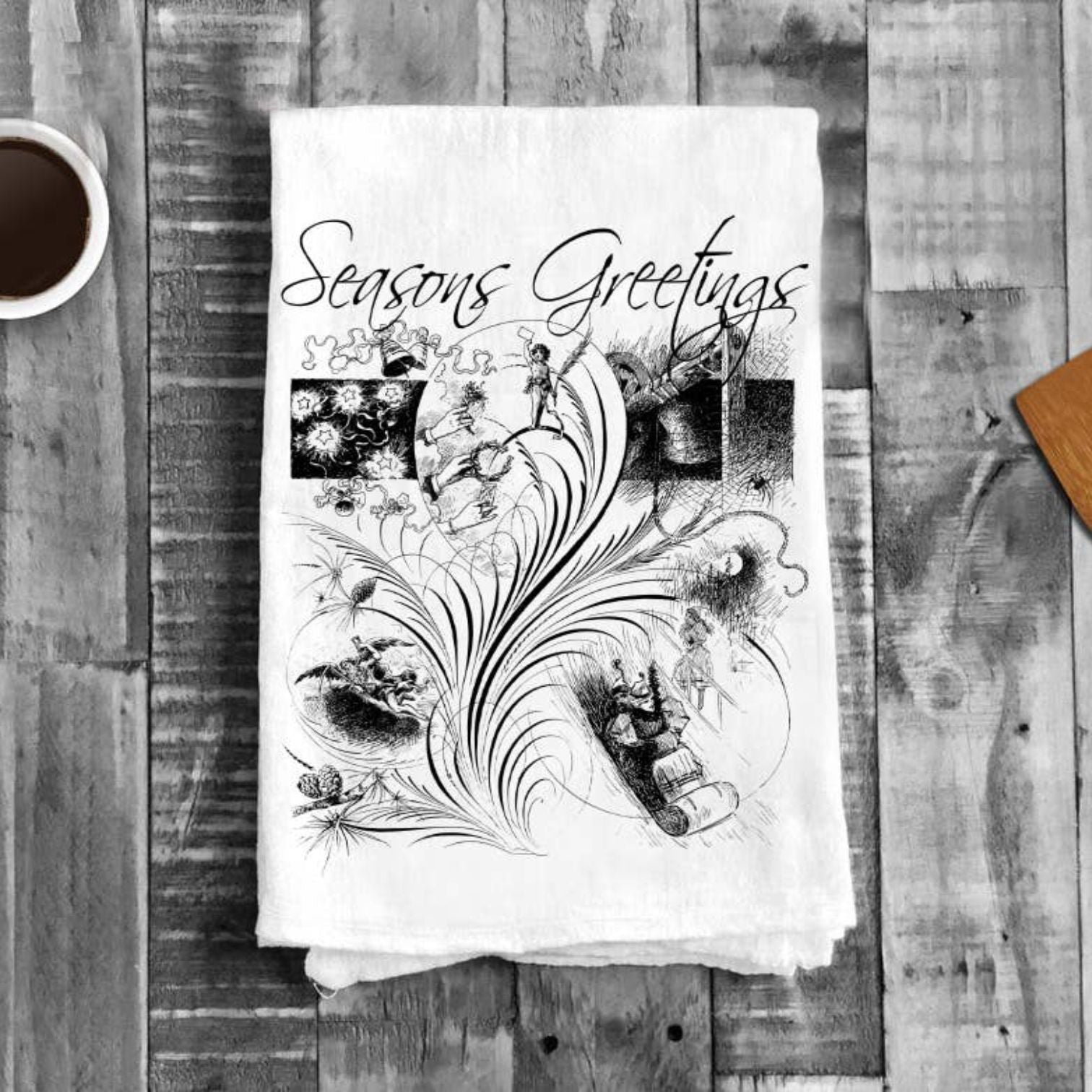 Seasons Greetings Fancy Feather Sleigh, Cotton Tea Towels