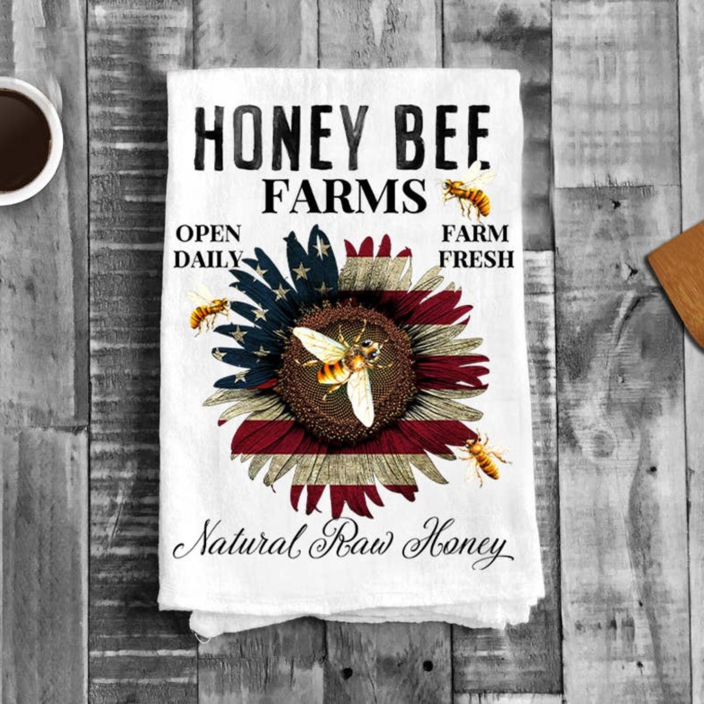 Honey Bee Patriotic Sunflower Flour Sack Tea Towel