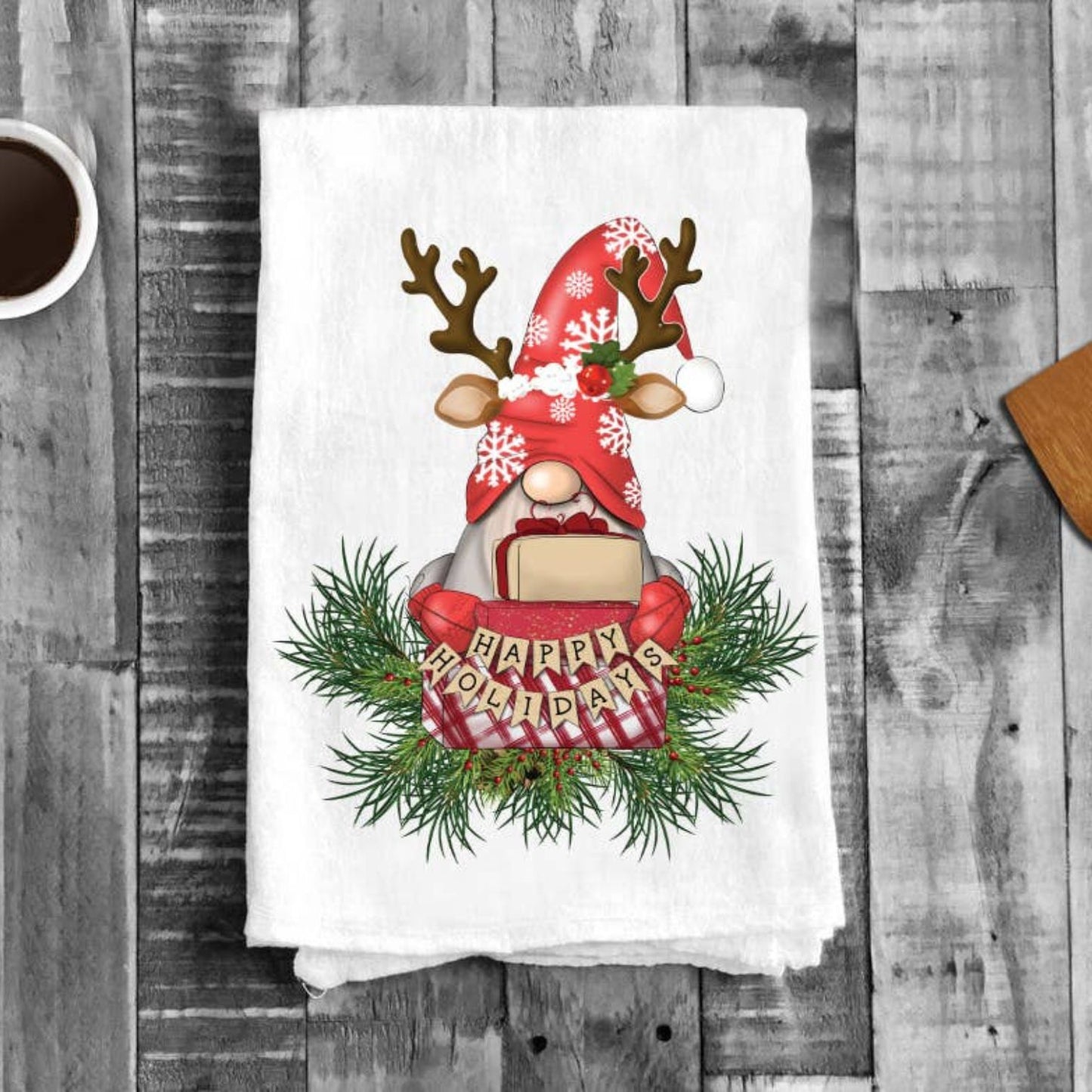 Christmas Gnome Reindeer Cotton Tea Towel Kitchen