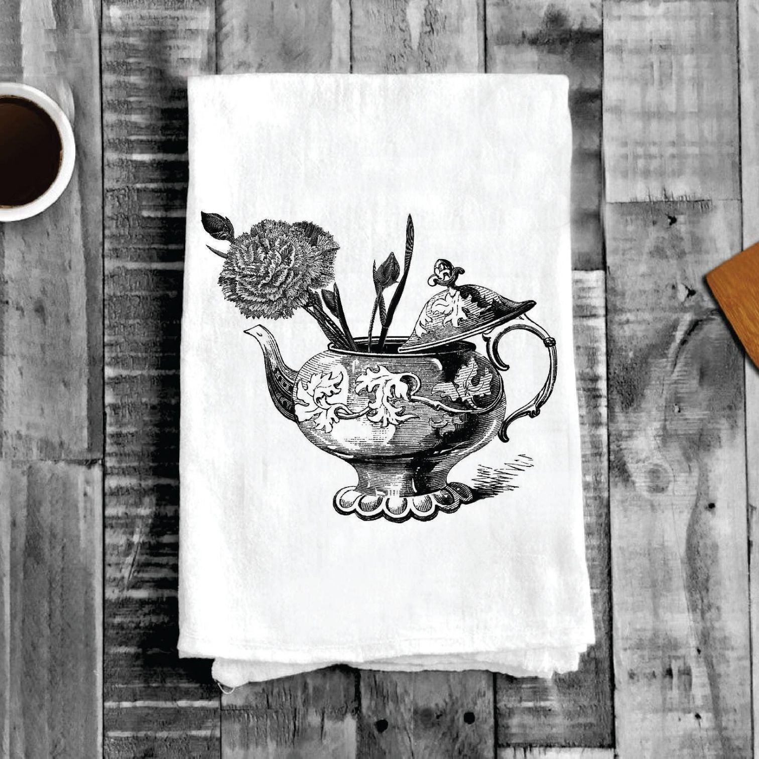 Tea Pot with Flowers, Cotton Tea Towels - TT-3003