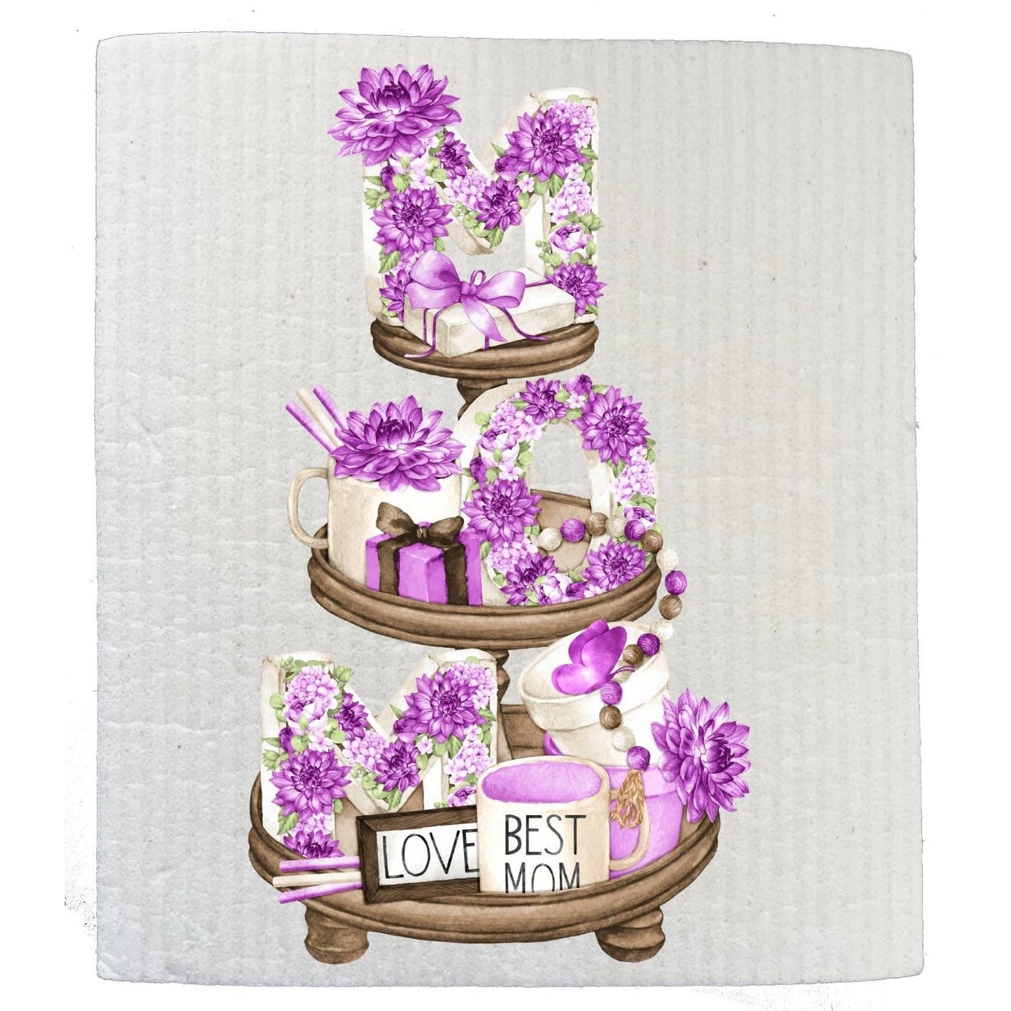 Mothers Day Purple Flowers 3 Tier Tray SWEDISH DISH CLOTHS