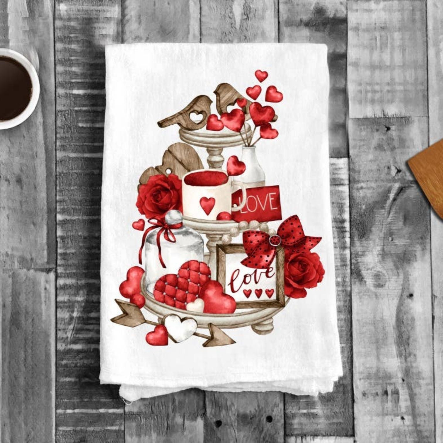 Valentine Red Heart 3 Tier Tray Flour Sack Cotton Tea Towels