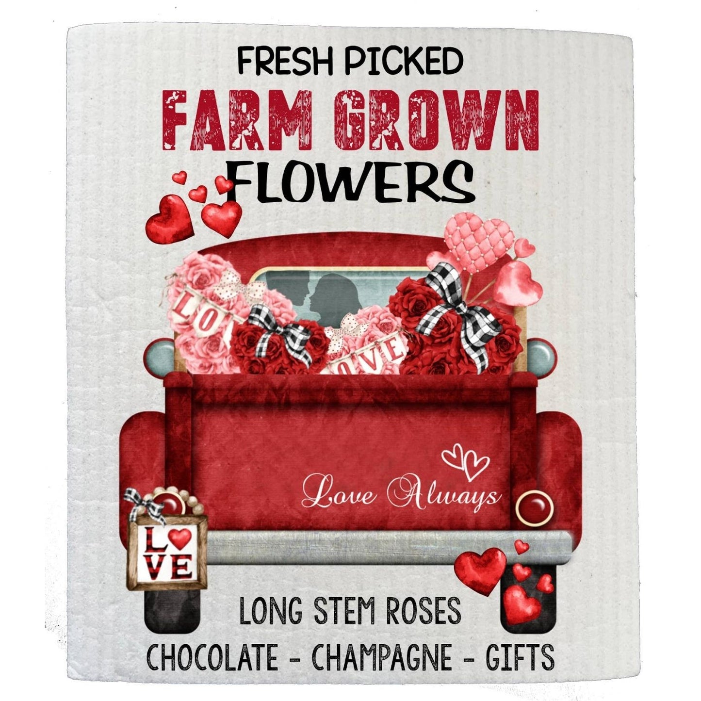 Valentine Red Pick Up Truck Pink Hearts SWEDISH DISH CLOTHS