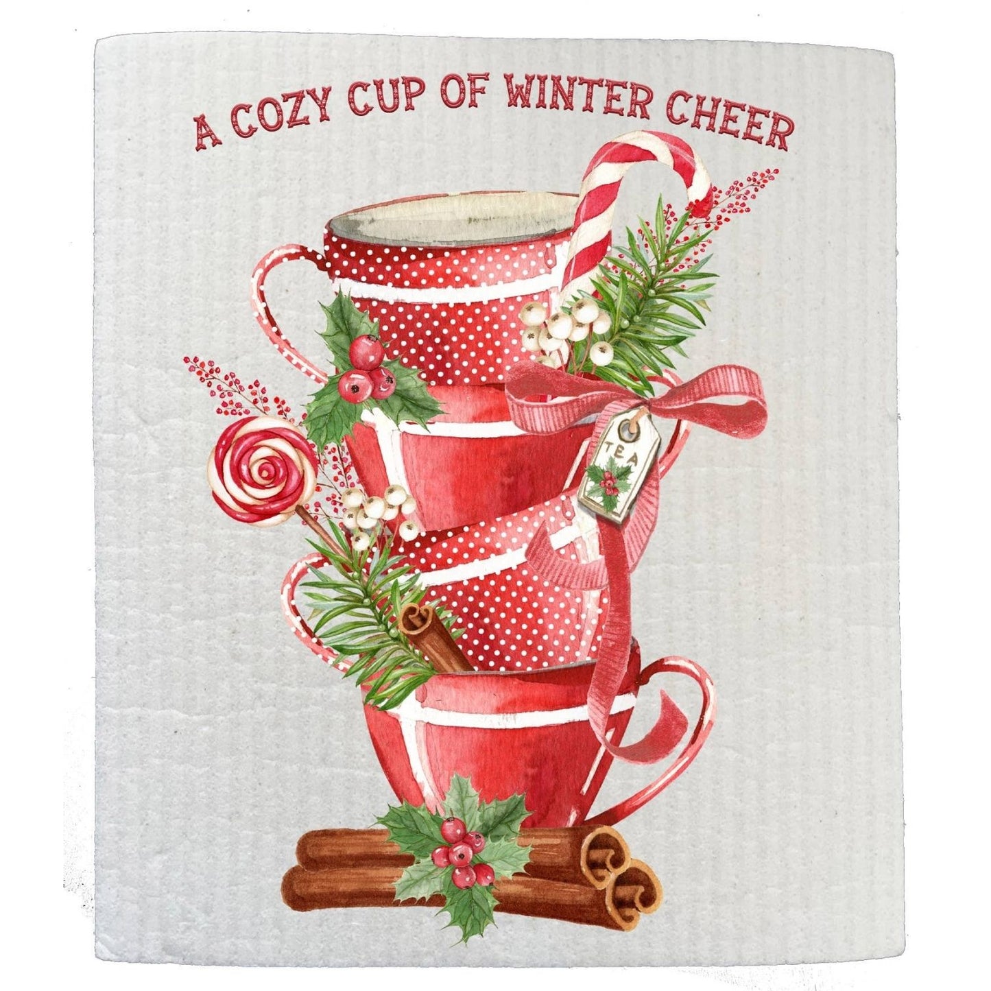 Christmas Tea Cups Winter Cheer SWEDISH DISH CLOTH