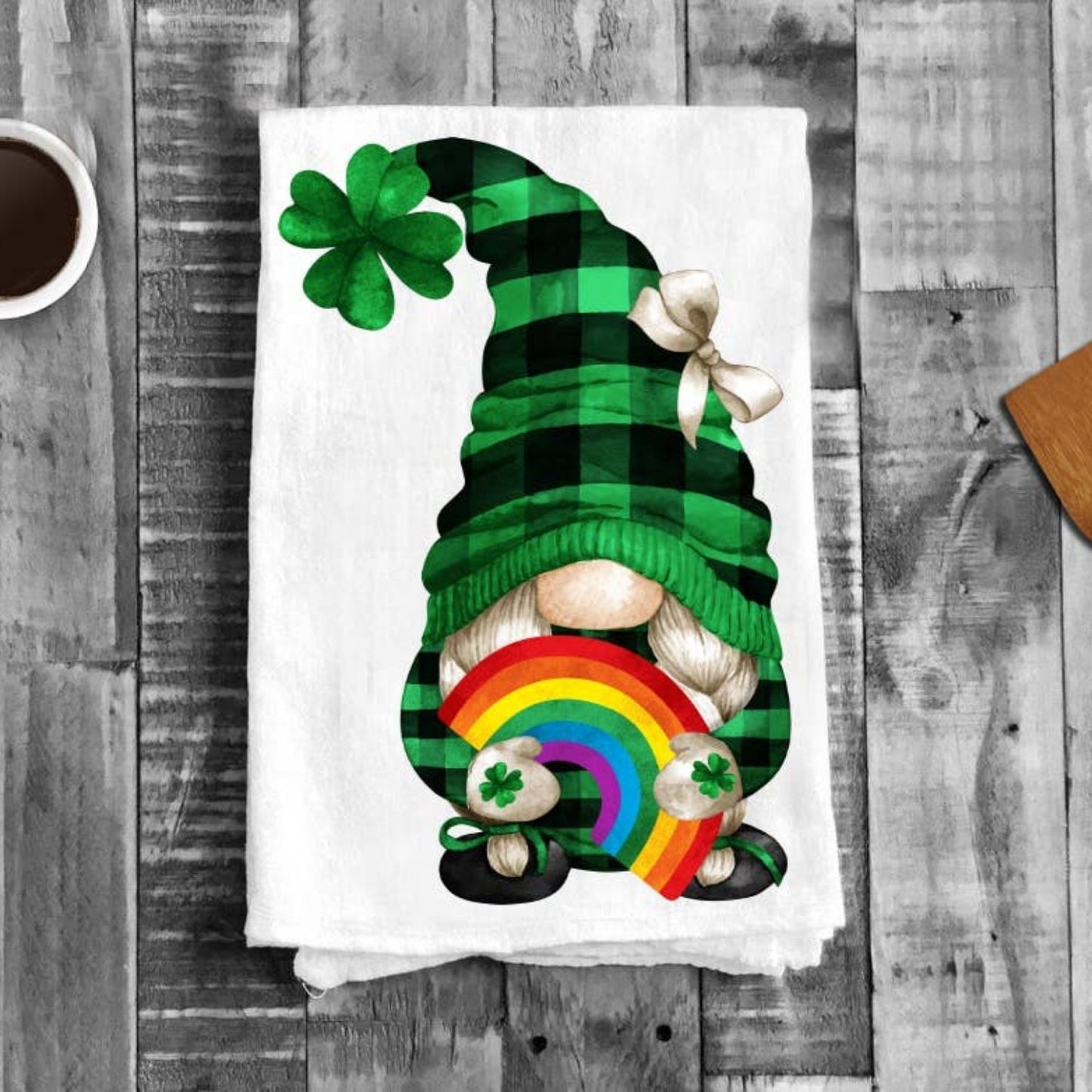 St Patricks Day Gnome Rainbow Cotton Flour Sack Tea Towel
