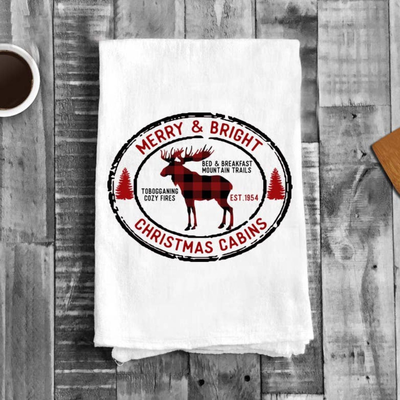Merry and Bright Christmas Cabins Deer, Cotton Tea Towels