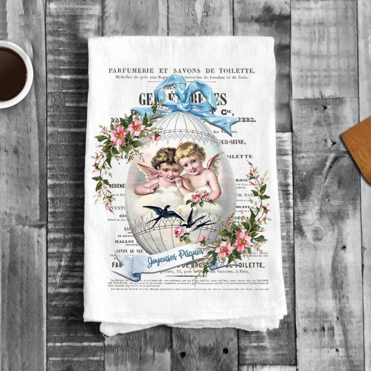 Vintage French Happy Easter Egg Flour Sack Tea Towel Kitchen
