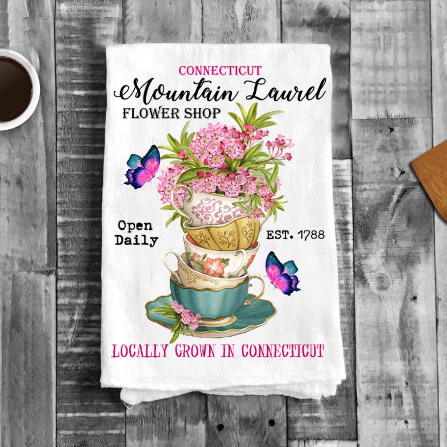 Connecticut State Flower Mountain Laurel Souvenir Flour Sack Tea Towel