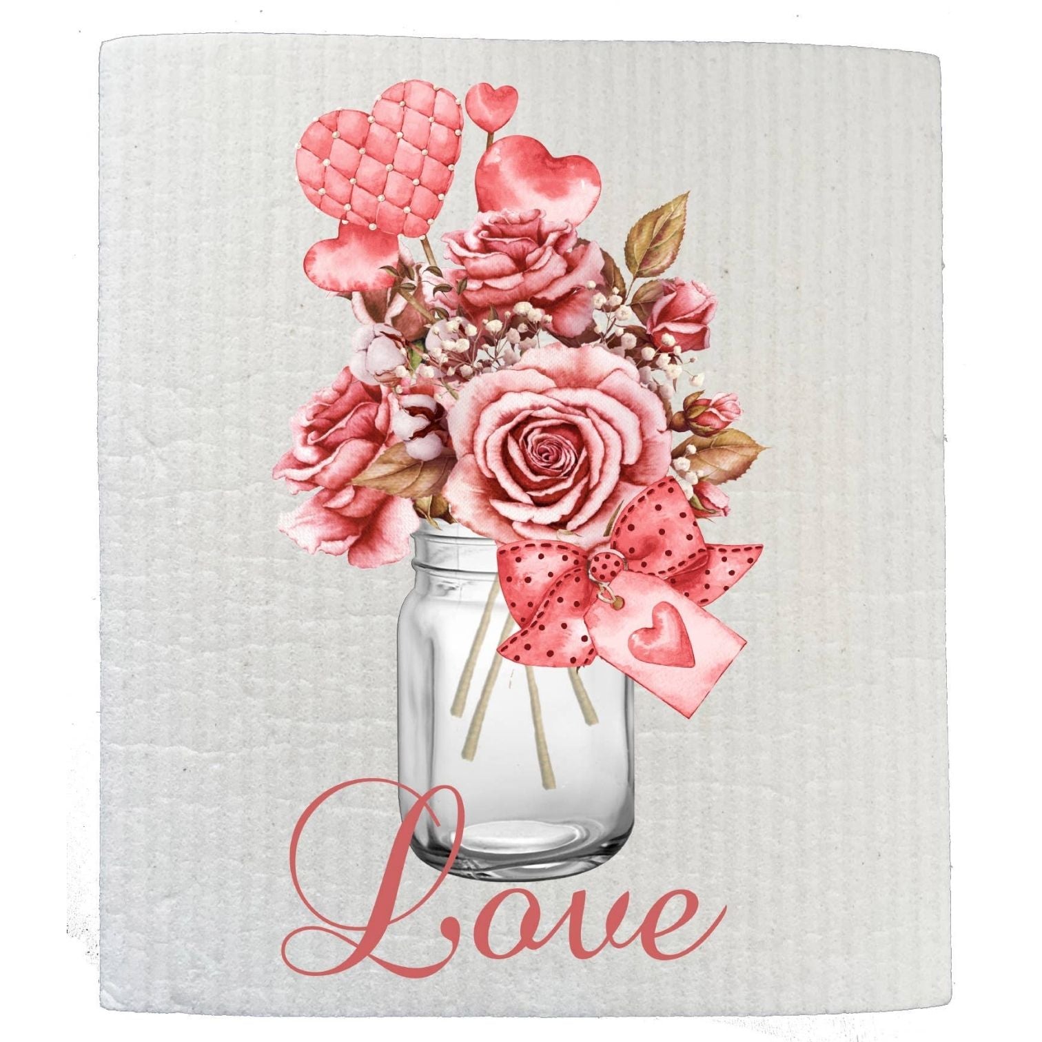 Valentine Love Pink Roses Mason Jar SWEDISH DISH CLOTHS