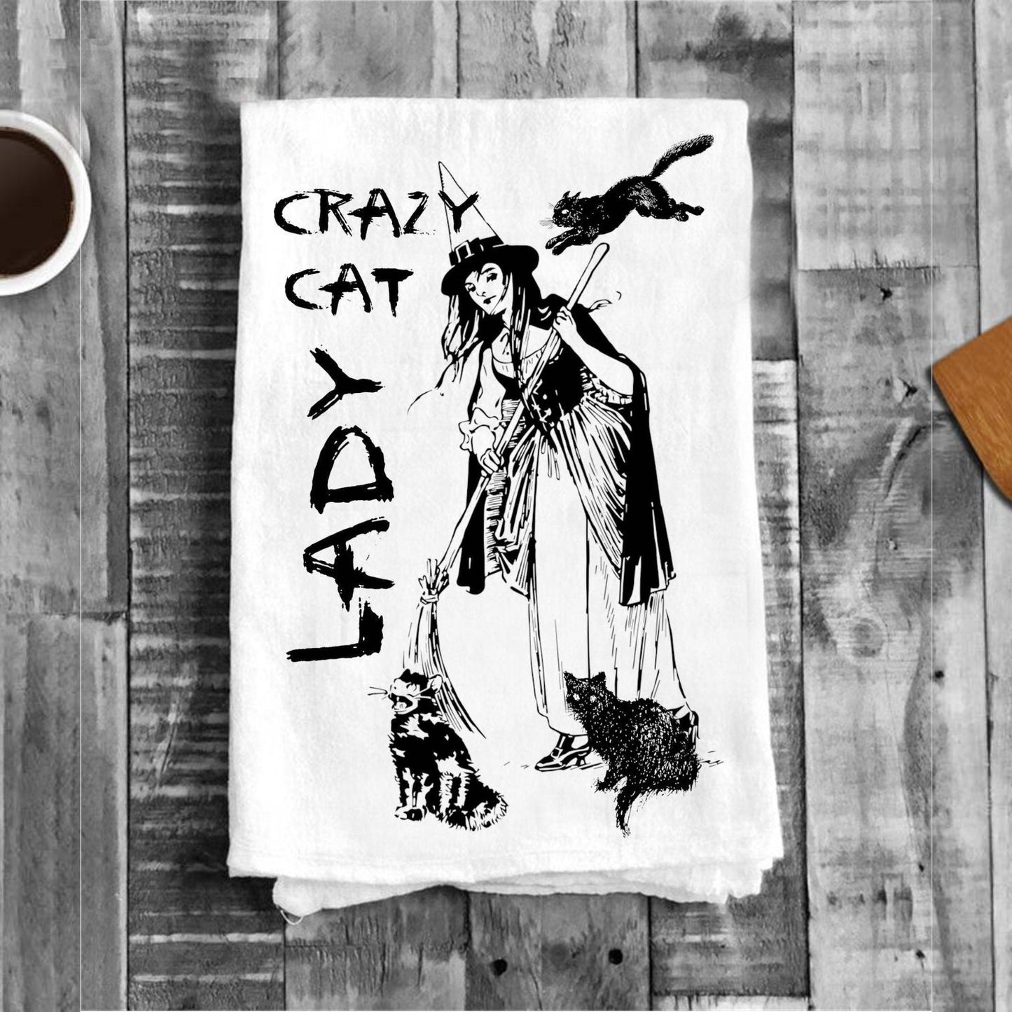 Crazy Cat Lady Witch Halloween Cotton Tea Towels Kitchen