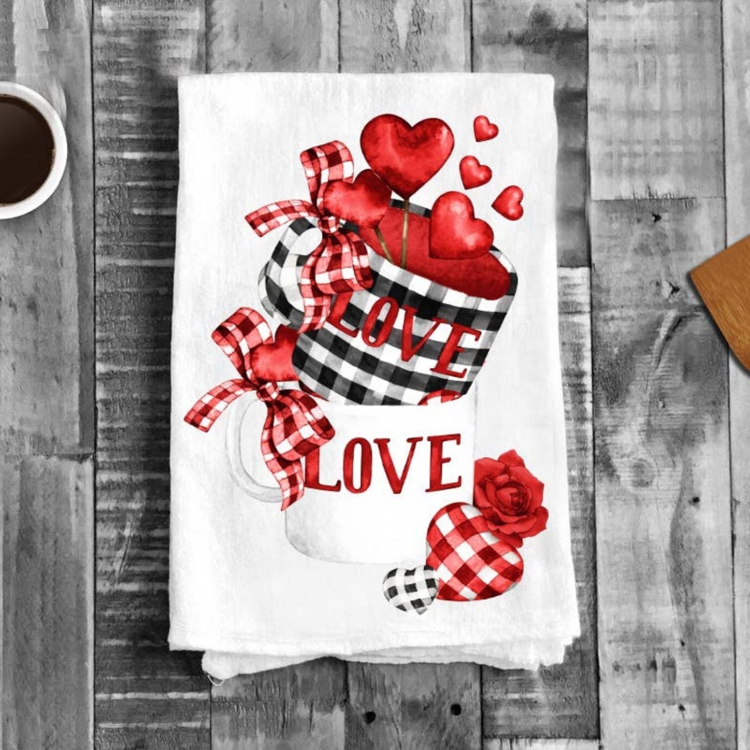 Valentine Love Red Hearts Coffee Flour Sack Cotton Tea Towel