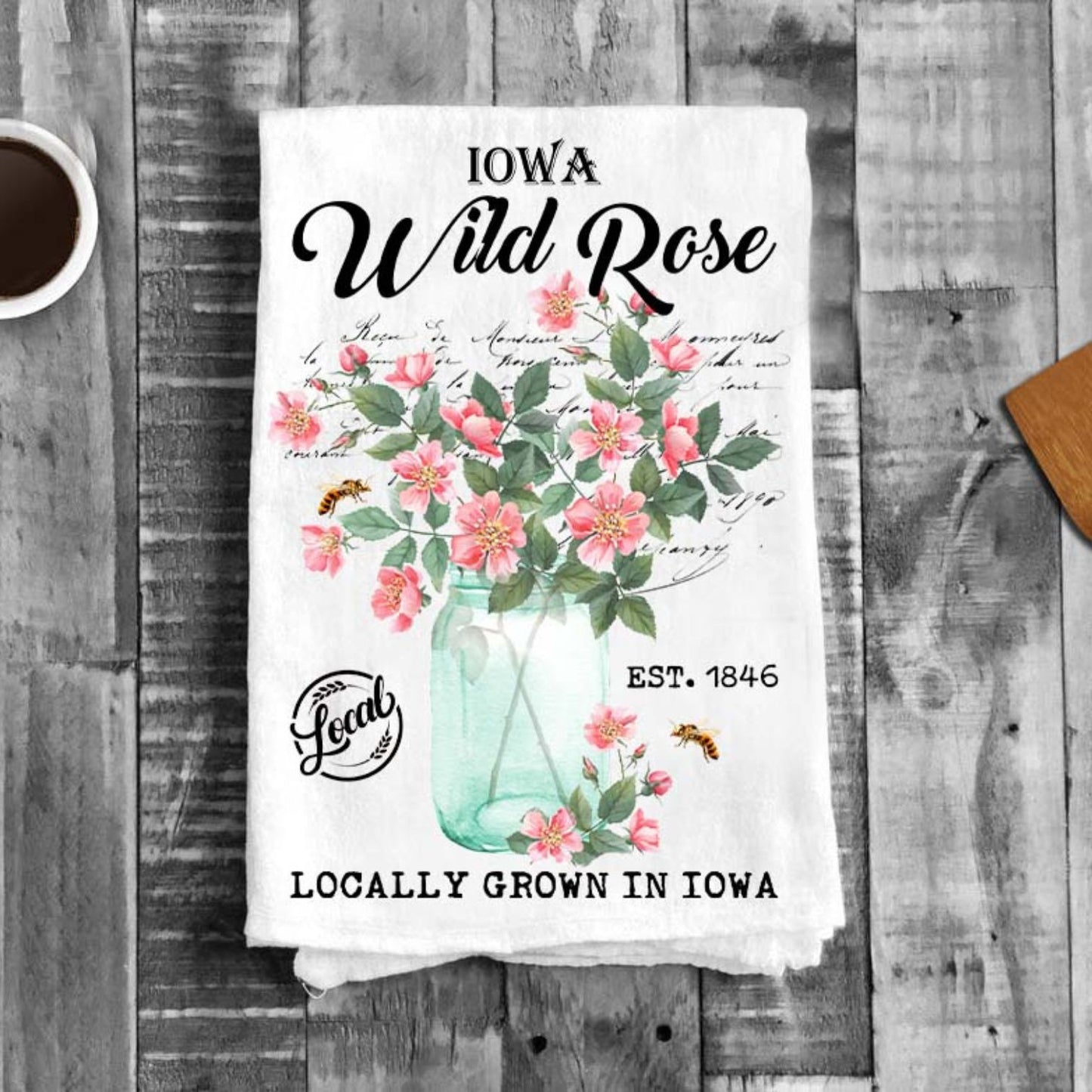 Iowa State Flower Wild Rose Souvenir Flour Sack Tea Towel