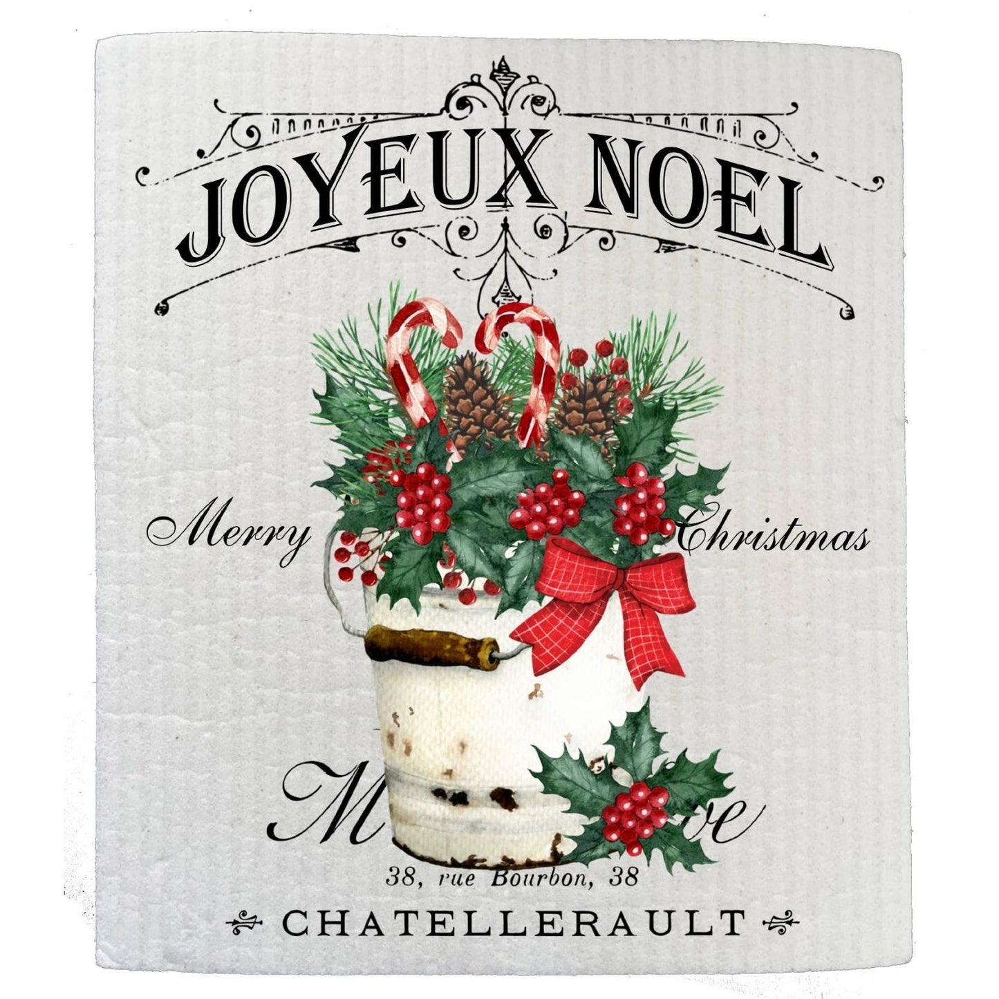 Joyeux Noel Holly French Christmas SWEDISH DISH CLOTH