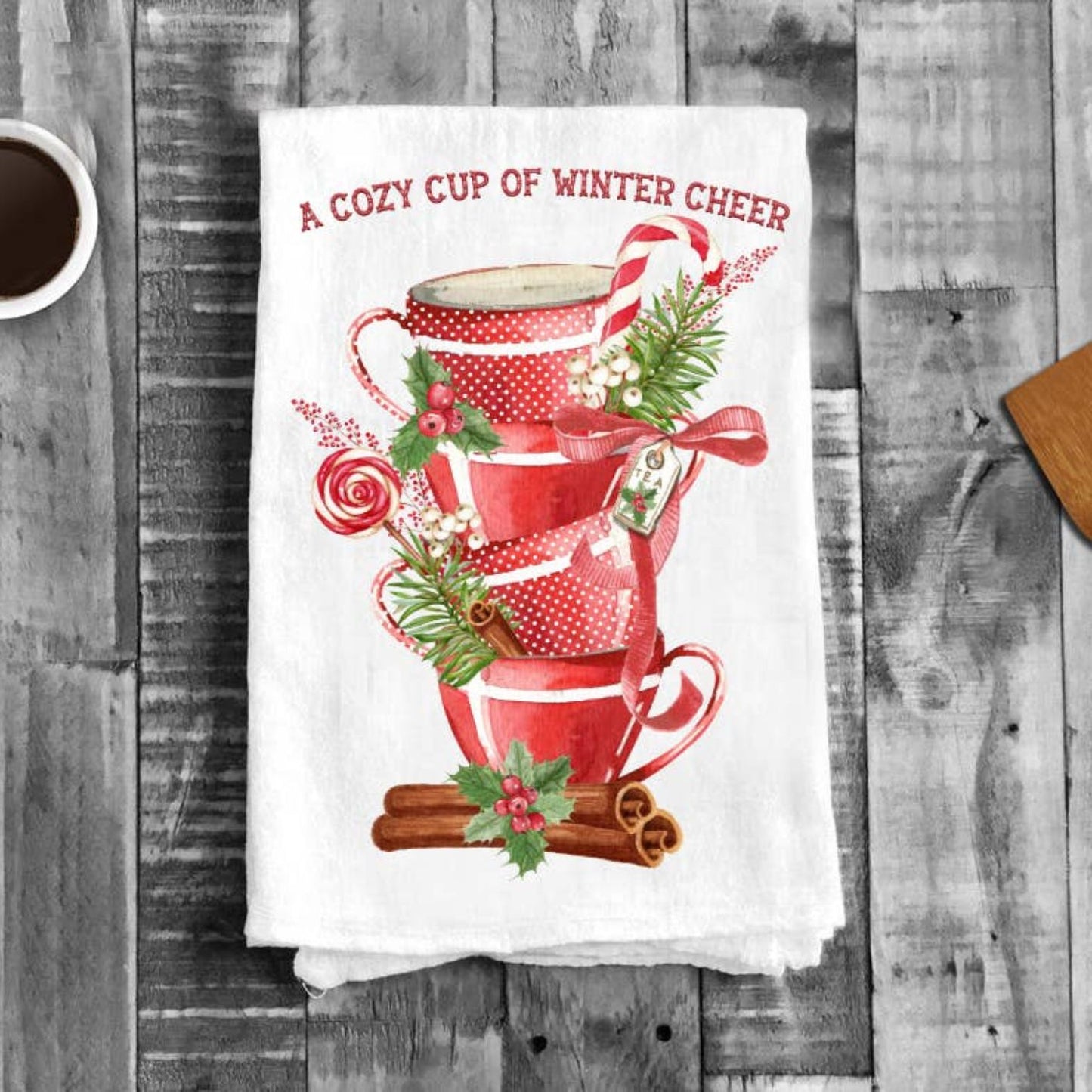 Christmas Tea Cups Winter Cheer Cotton Tea Towel Kitchen