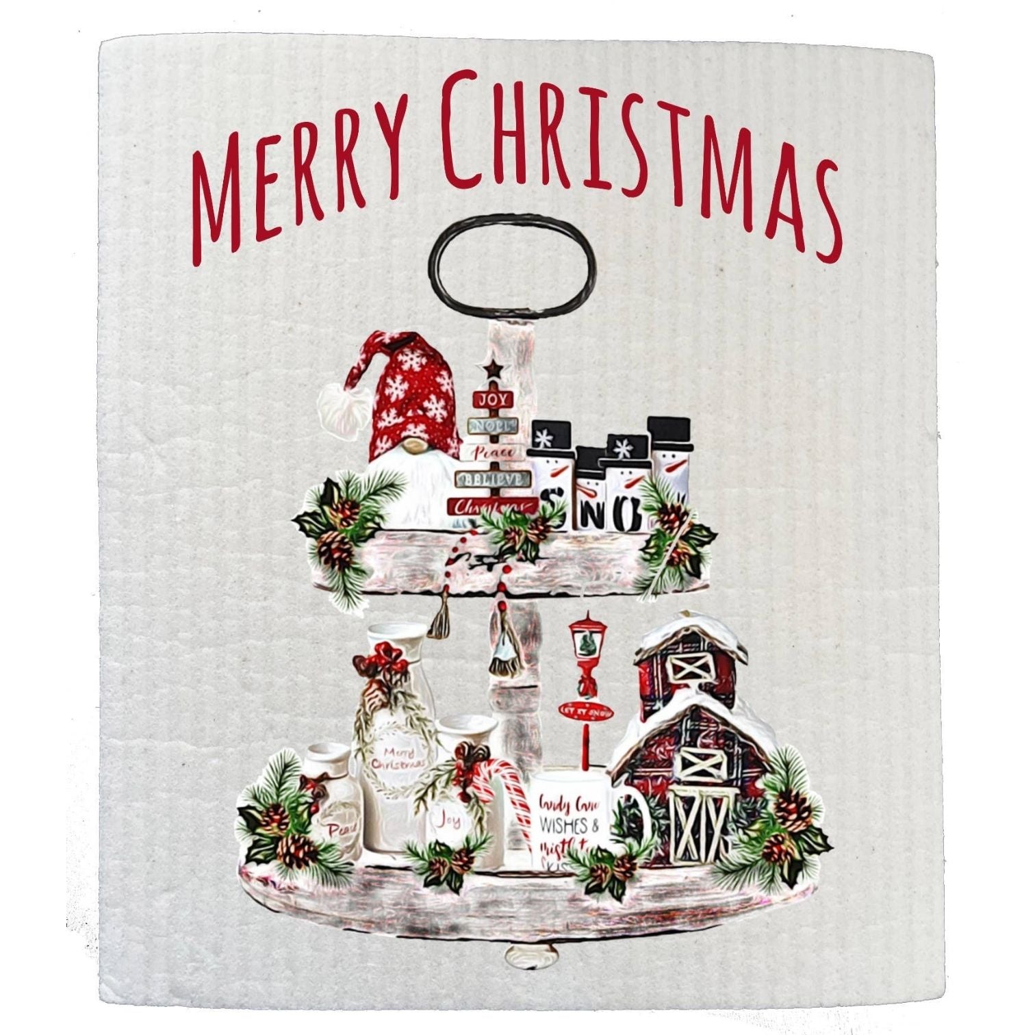 Merry Christmas 2 Tier Country Farm SWEDISH DISH CLOTH
