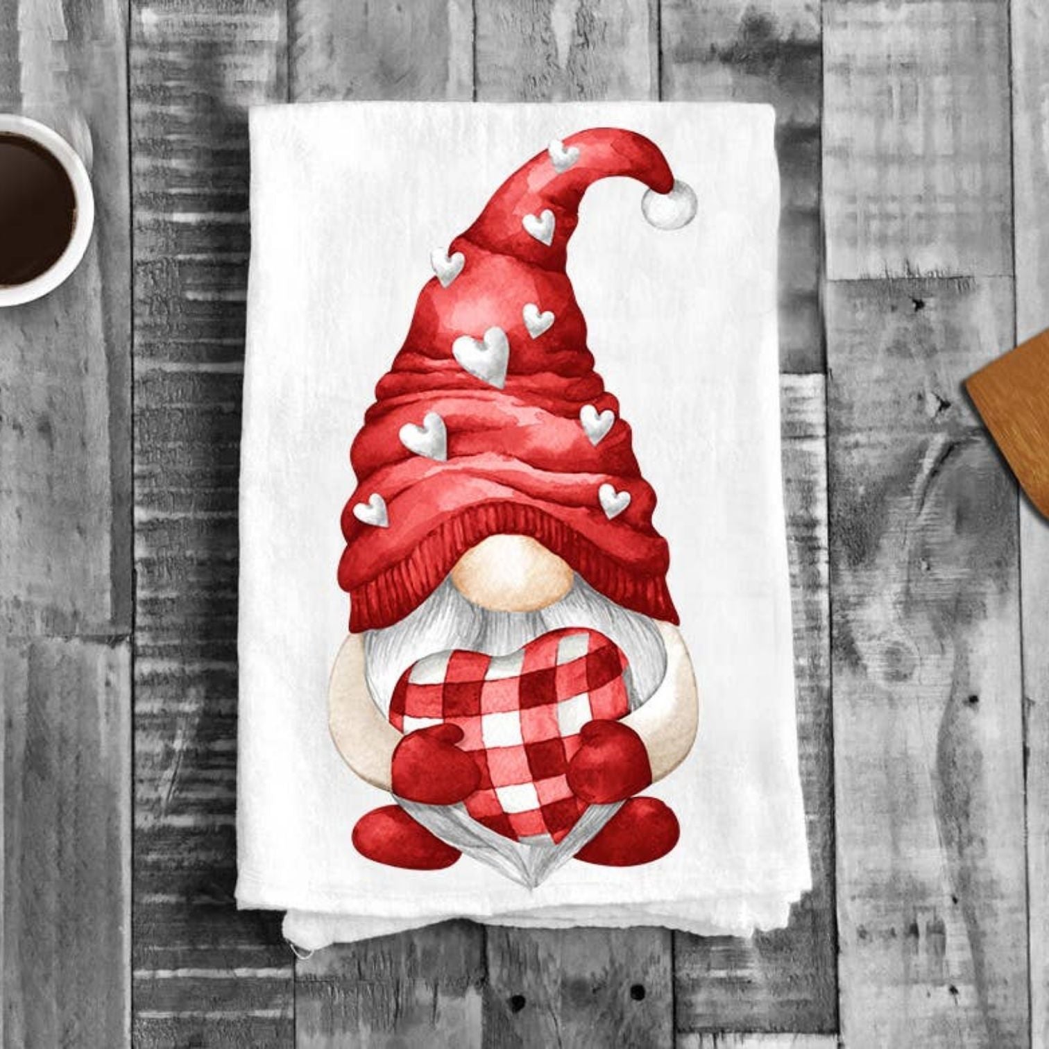 Valentine Red Gnome Hearts Cotton Tea Towel Kitchen