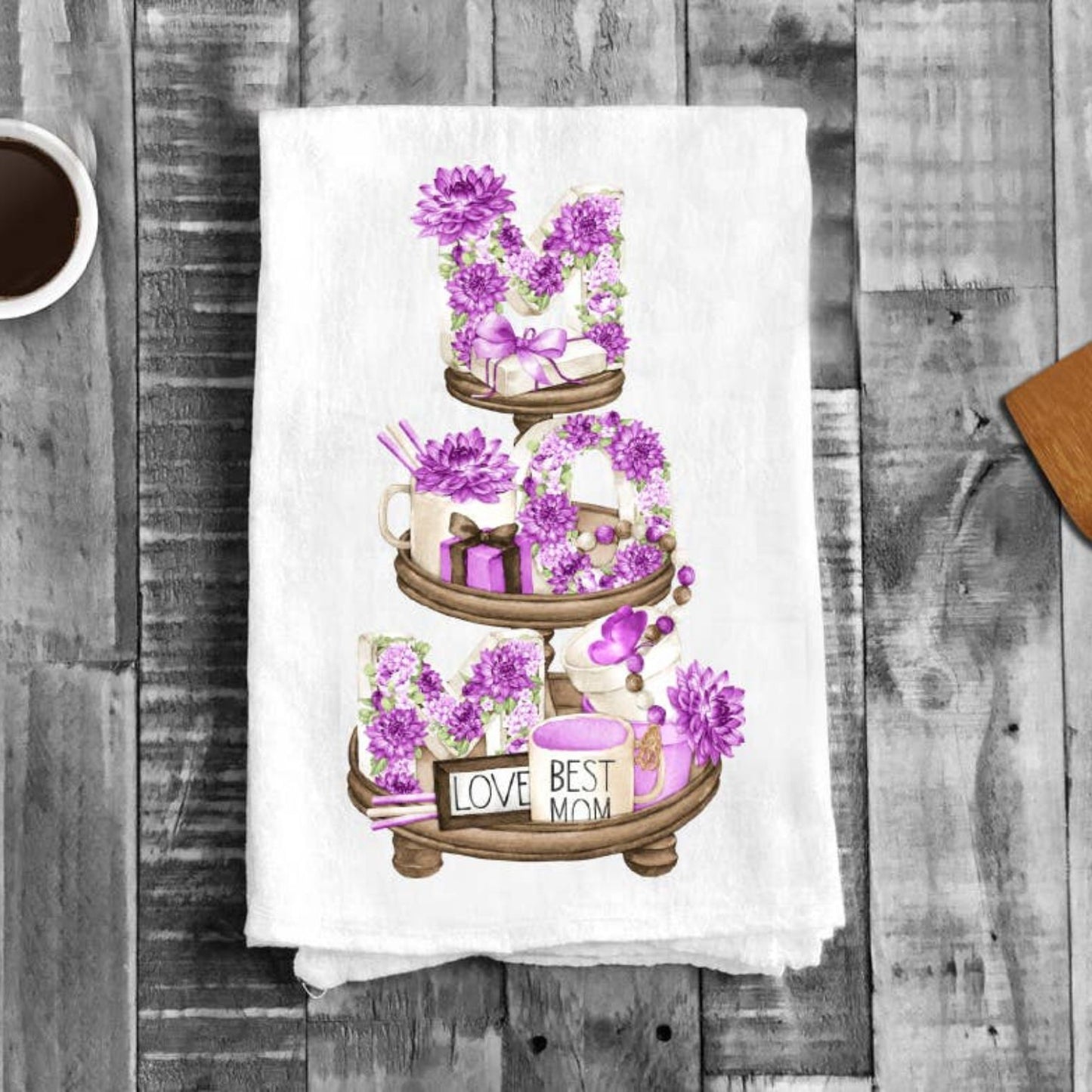 Mothers Day Purple 3 Tier Tray Cotton Flour Sack Tea Towel