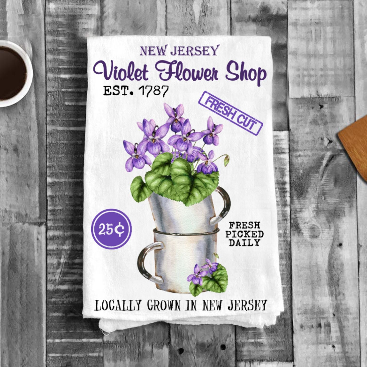 New Jersey State Flower Purple Violet Souvenir Flour Sack Tea Towel