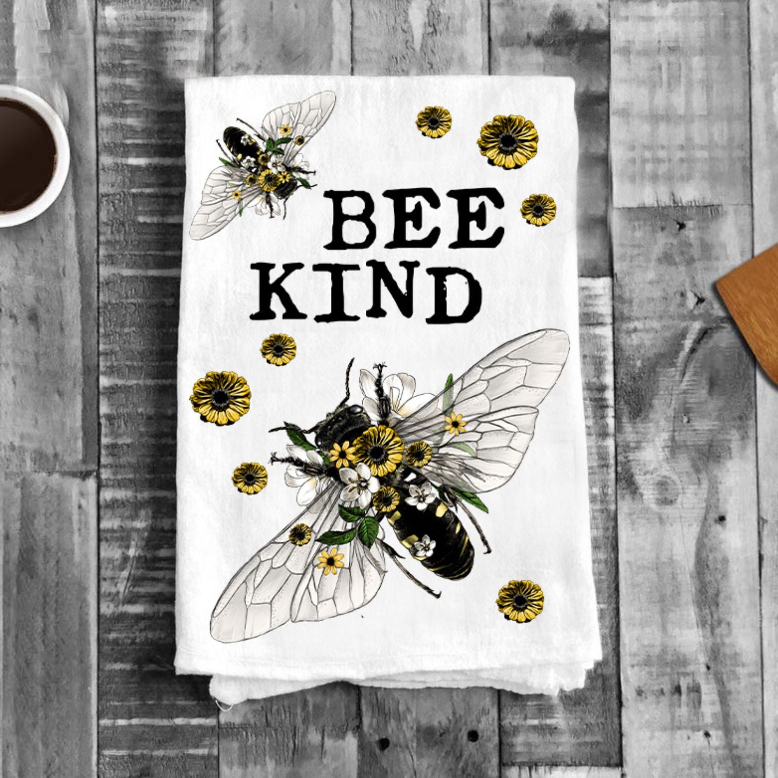 Bee Kind Vintage Flowers Bees Kitchen Cotton Tea Towel