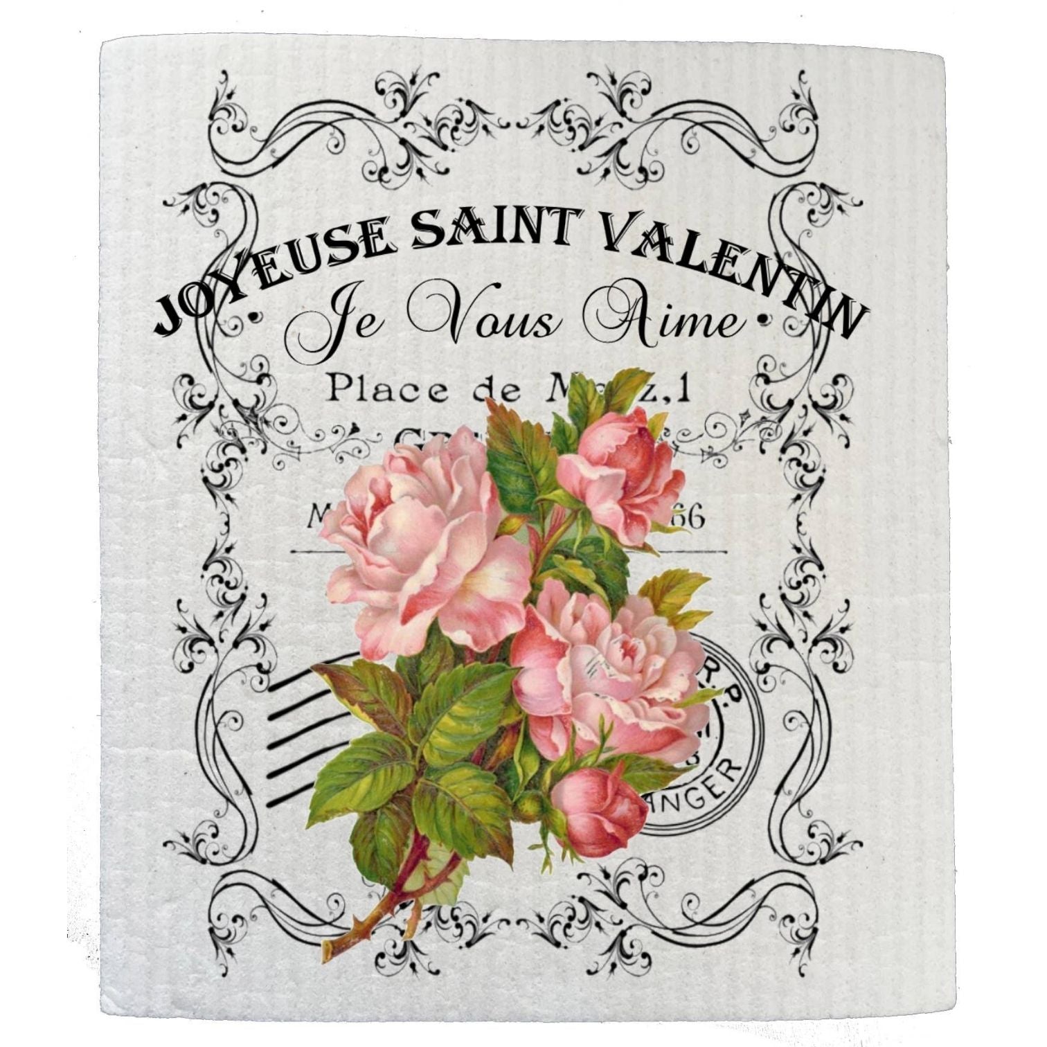 French Vintage Valentine Pink Roses SWEDISH DISH CLOTHS