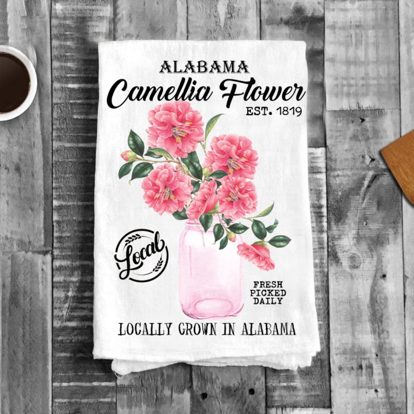 Alabama State Flower Camellia Souvenir Flour Sack Tea Towel