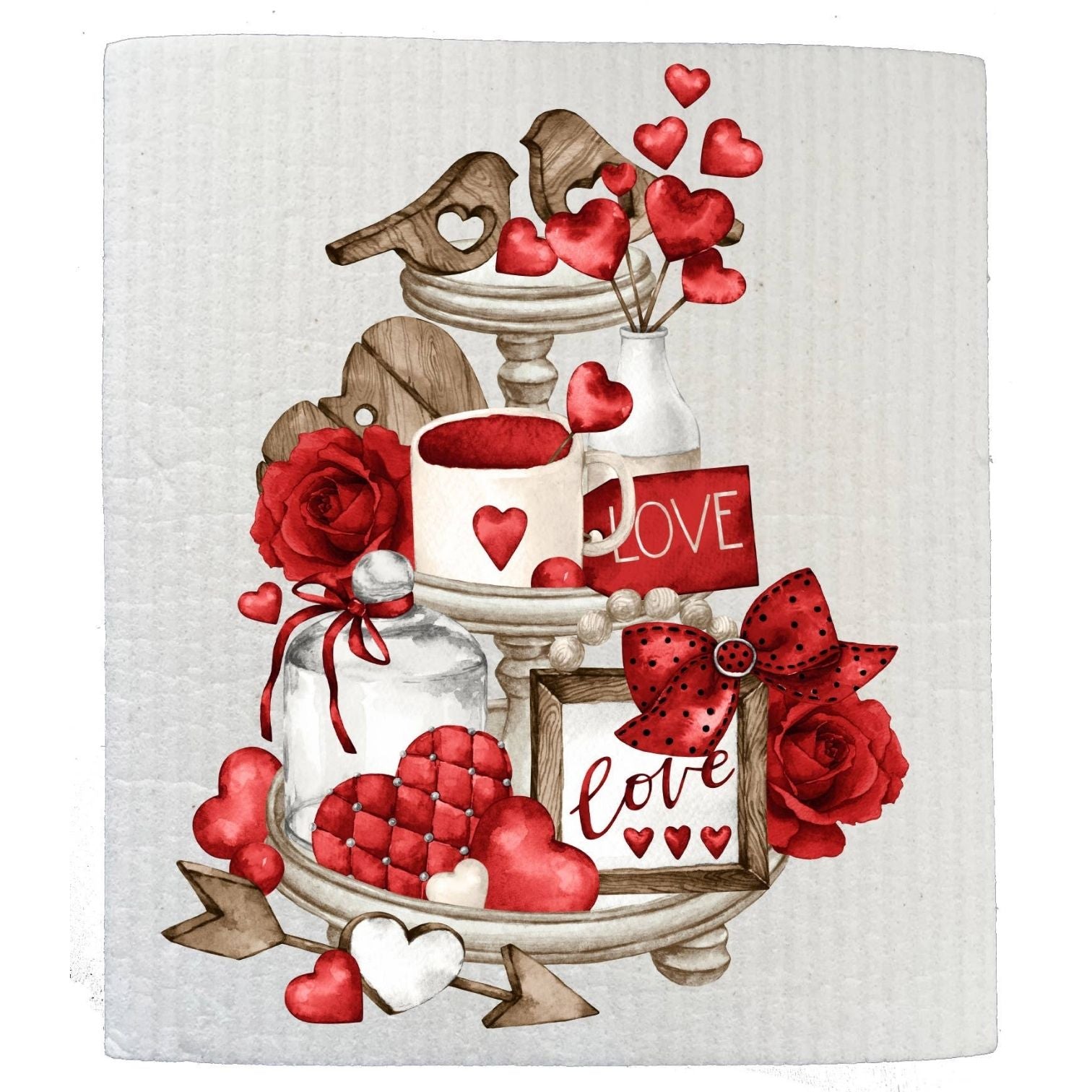 Valentine Love Red Hearts 3 Tier Tray SWEDISH DISH CLOTHS