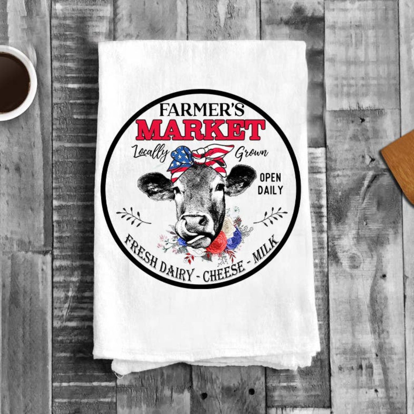 Farmers Market Patriotic Cow Flour Sack Tea Towel