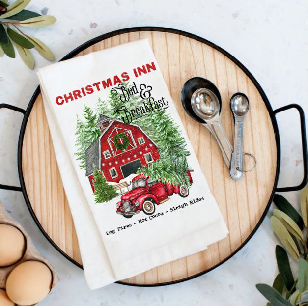 Christmas Inn Red Barn Pick Up Truck Flour Sack Tea Towel