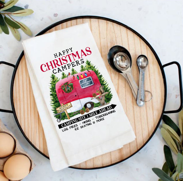 Happy Christmas Campers Trailer Flour Sack Tea Towel