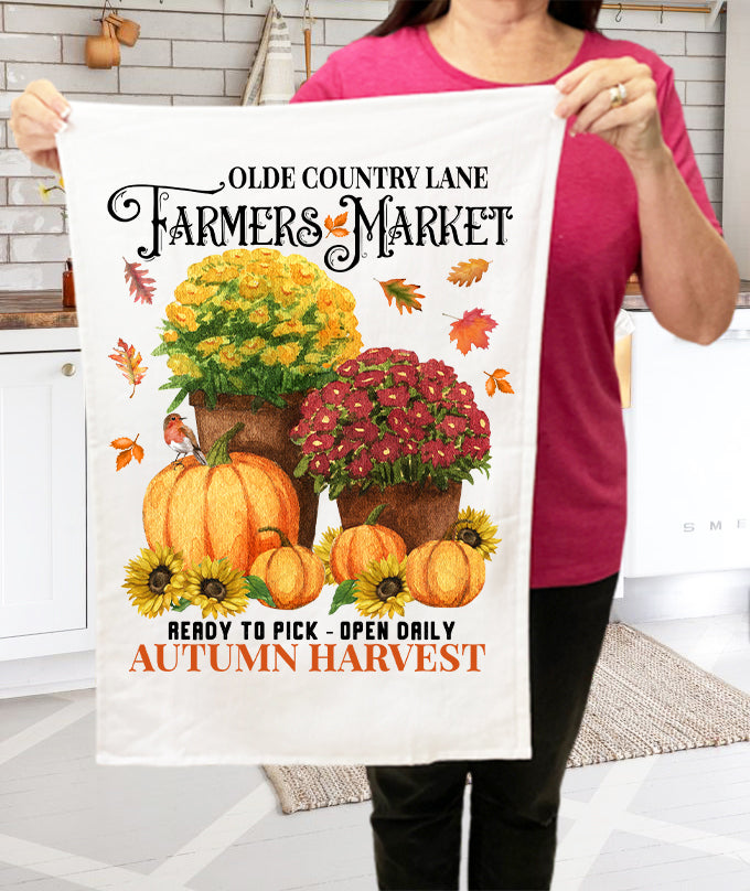 Fall Autumn Farmers Market Pumpkin & Mums Kitchen Terry Towel