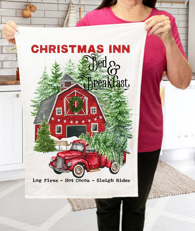 Christmas Inn Red Barn Pick Up Truck Kitchen Terry Towel