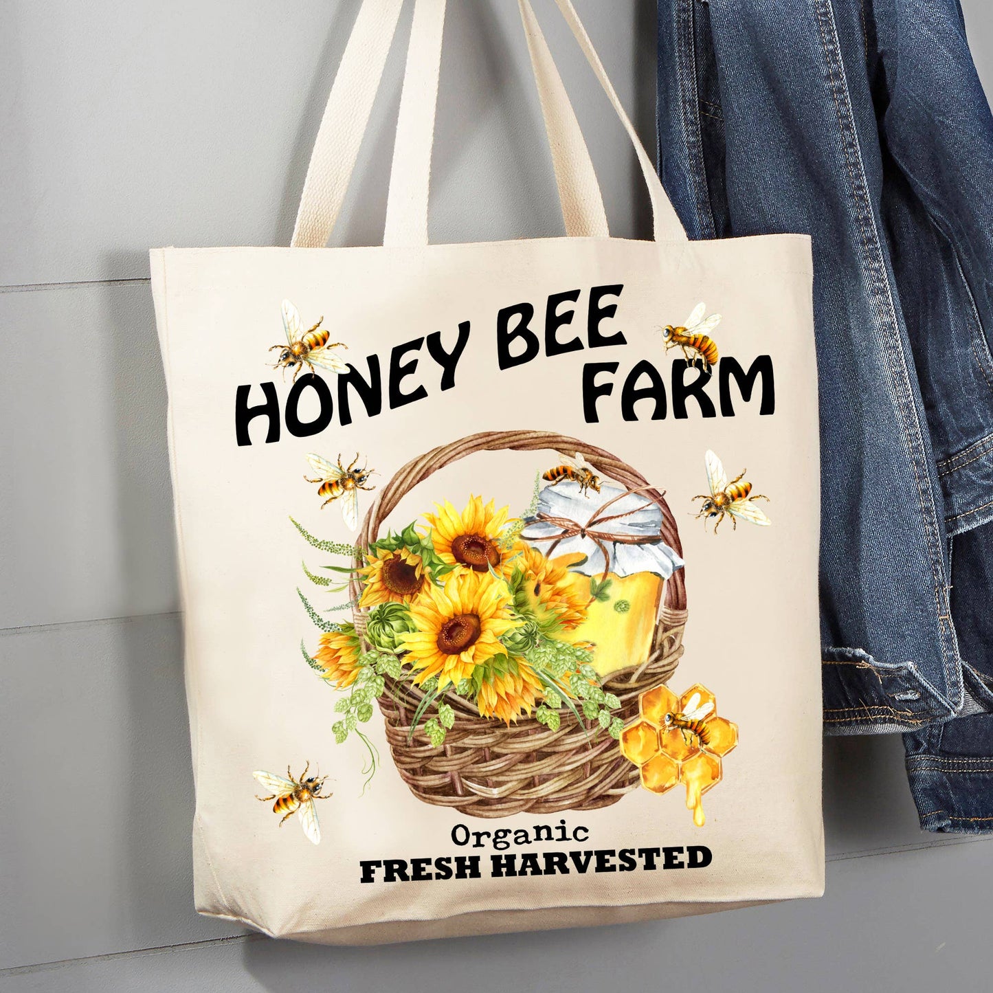 Farmers Market Sunflowers Honey Bees 12 oz Canvas Tote Bag