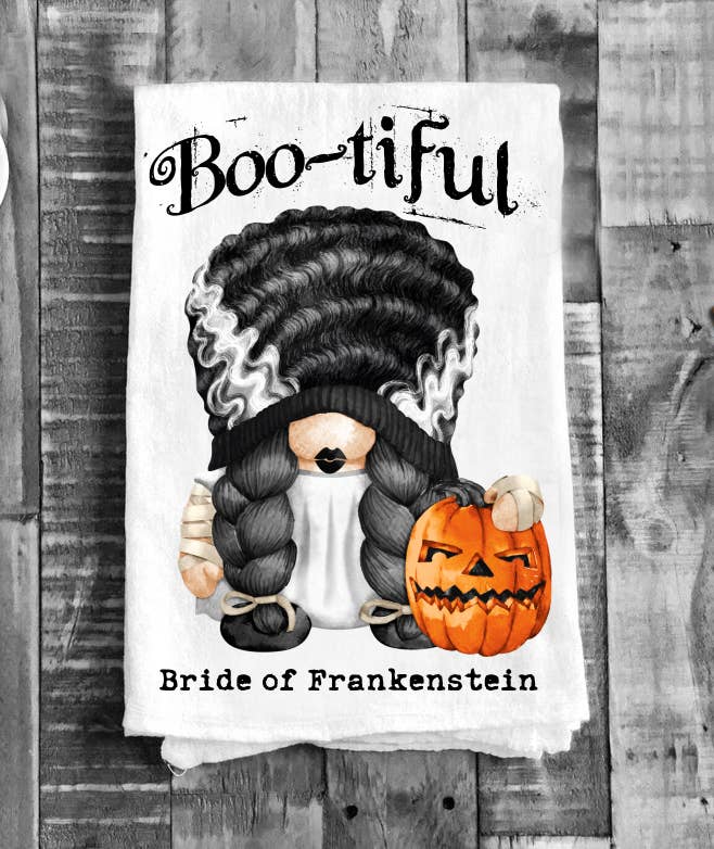 Gnome Bootiful Bride Frankenstein Halloween Cotton Tea Towel
