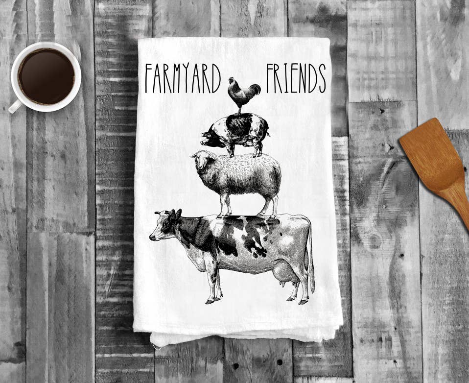 Farmyard Friends Cow Sheep Pig Chicken, Cotton Tea Towels