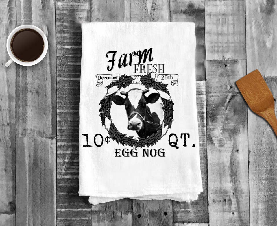 Farm Fresh Egg Nog Cow Wreath, Cotton Tea Towels