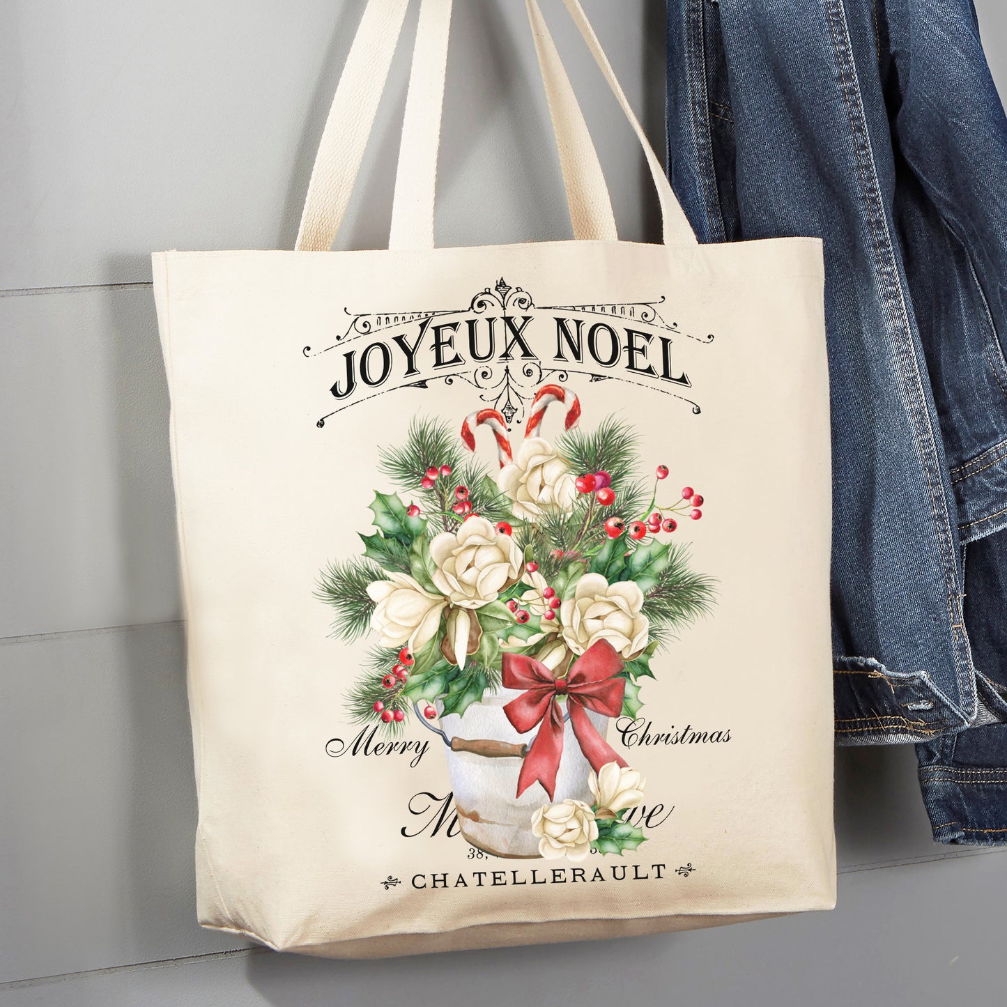 Christmas French Joyeux Noel Magnolia Flowers Canvas Tote Bag