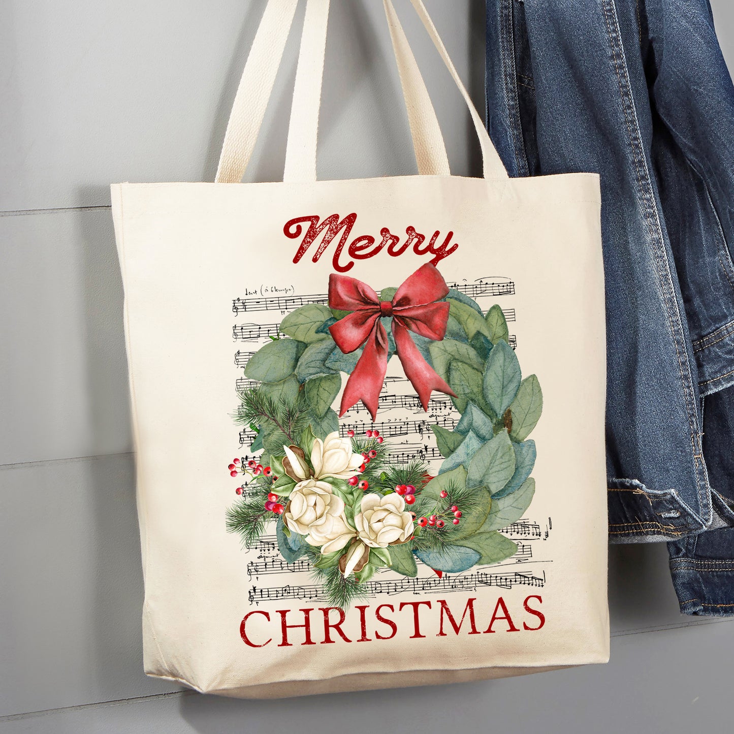 Merry Christmas Magnolia Flowers Wreath Canvas Tote Bag