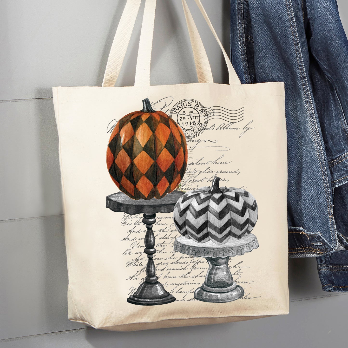 Halloween Checkered Stacked Pumpkins Canvas Tote Bag