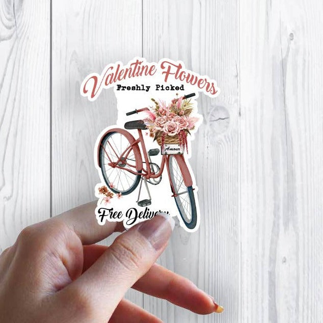 Valentine Pink Bicycle Flowers Sticker