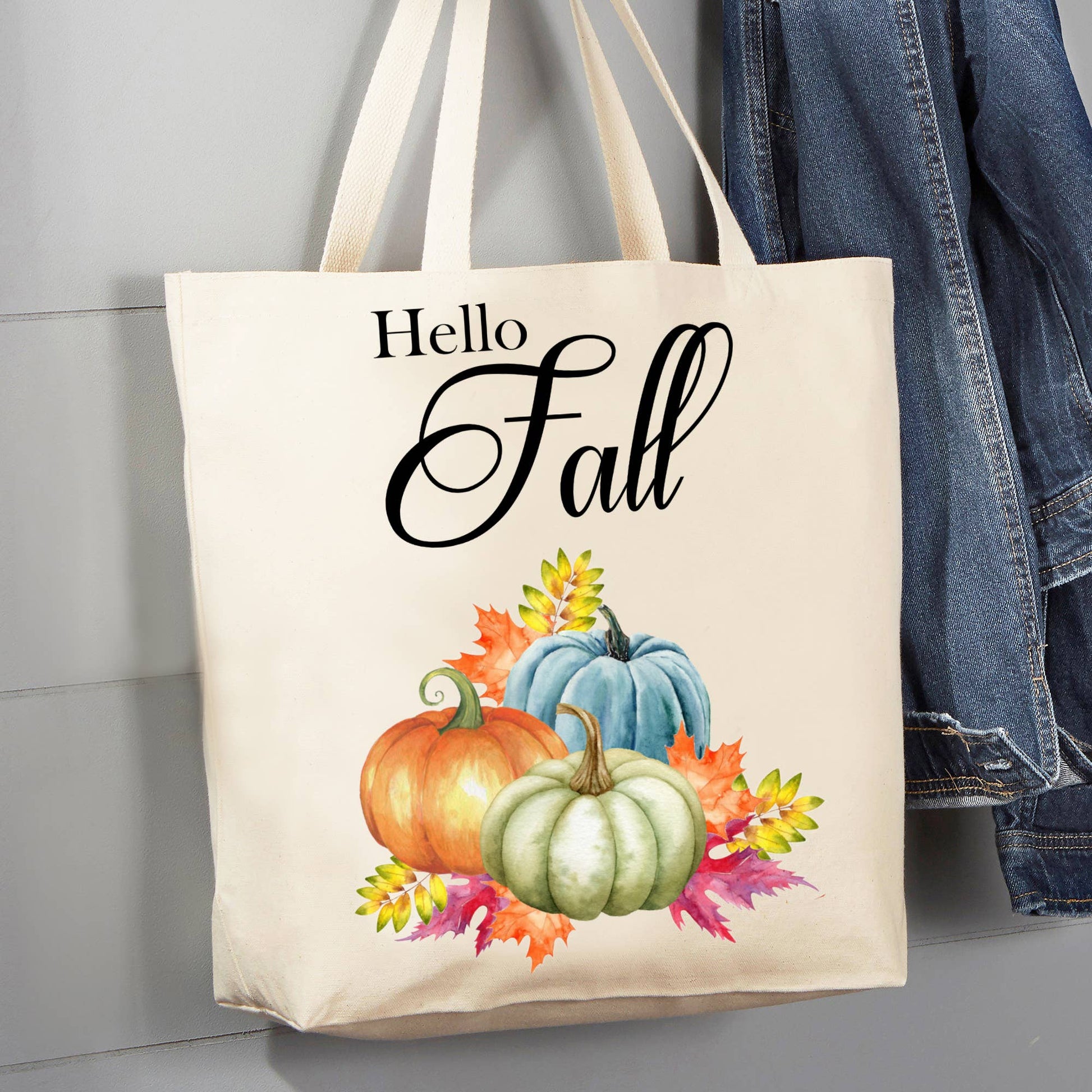 Hello Fall Autumn Stacked Pumpkin 12 oz Canvas Tote Bag