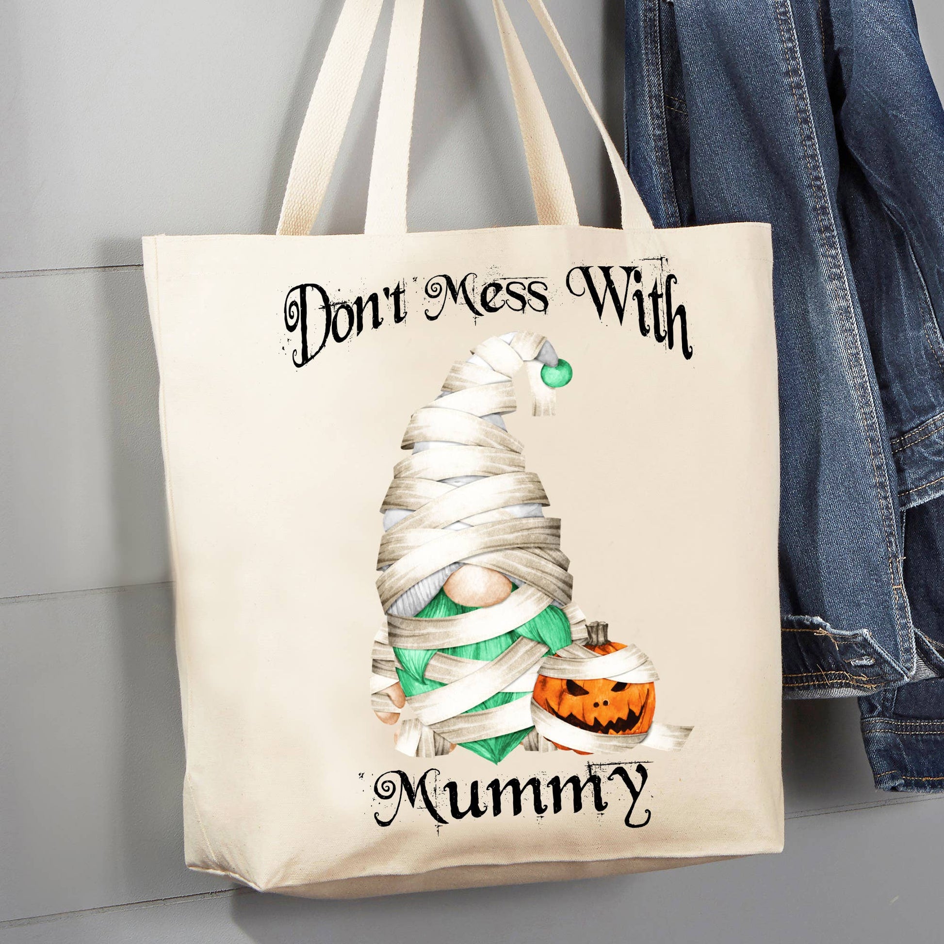 Gnome Don't Mess Mummy Halloween 12 oz Canvas Tote Bag