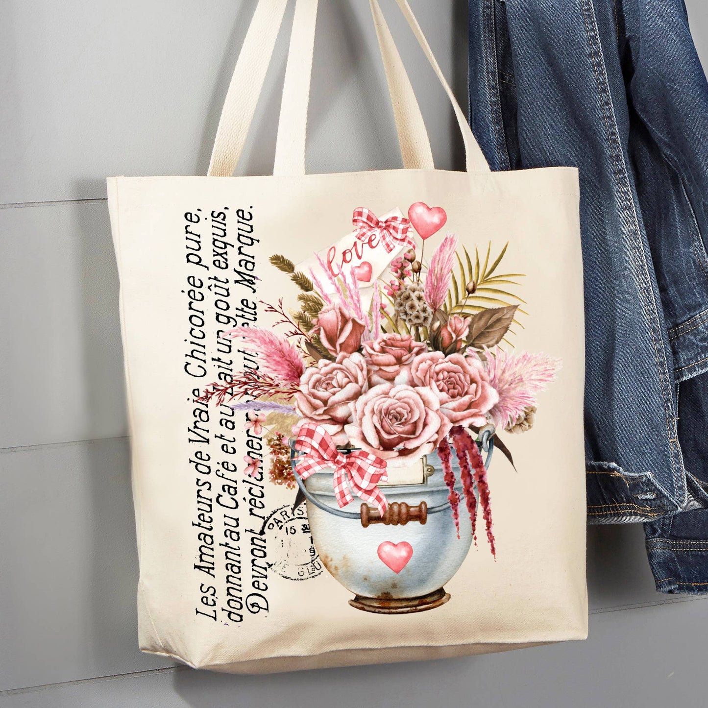 Valentine French Love Boho Flower 12 oz Cotton Tote Bag