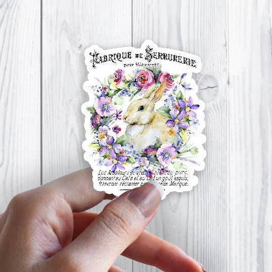 Easter French Bunny Flowers Waterproof Vinyl Sticker
