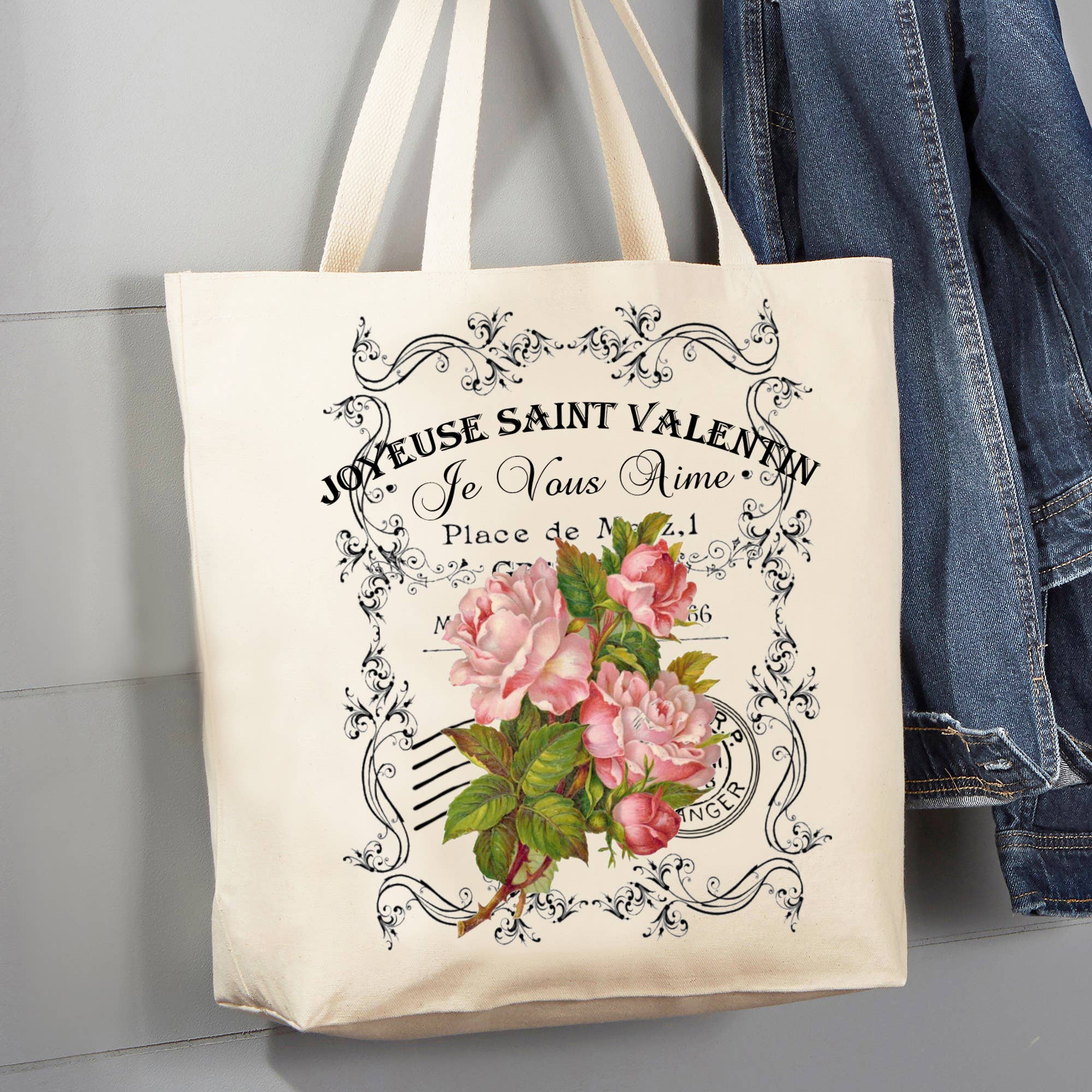 French Vintage Valentine Roses 12 oz Cotton Tote Bag Jessy Lane