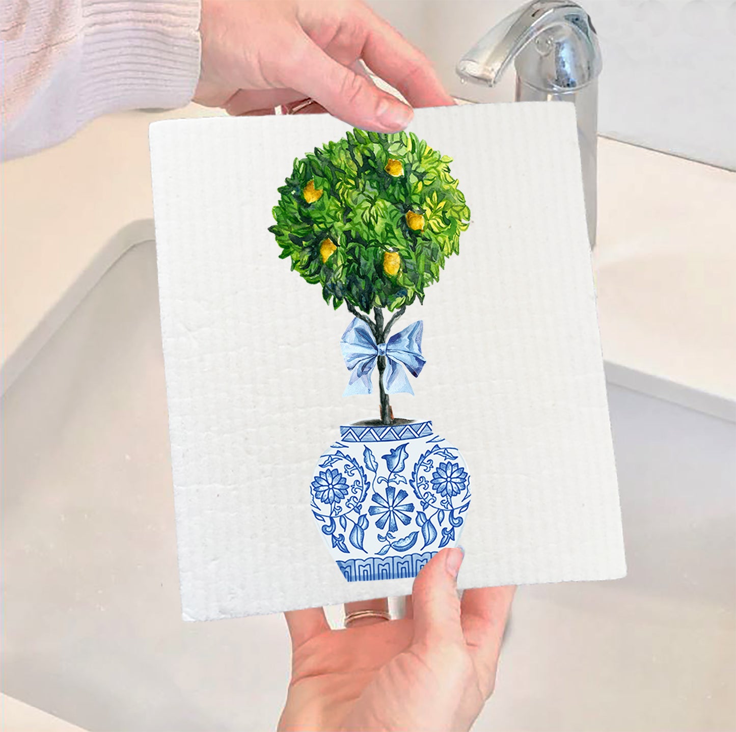 Blue & White Chinoiserie Topiaries Lemon Tree Swedish Dish Cloth